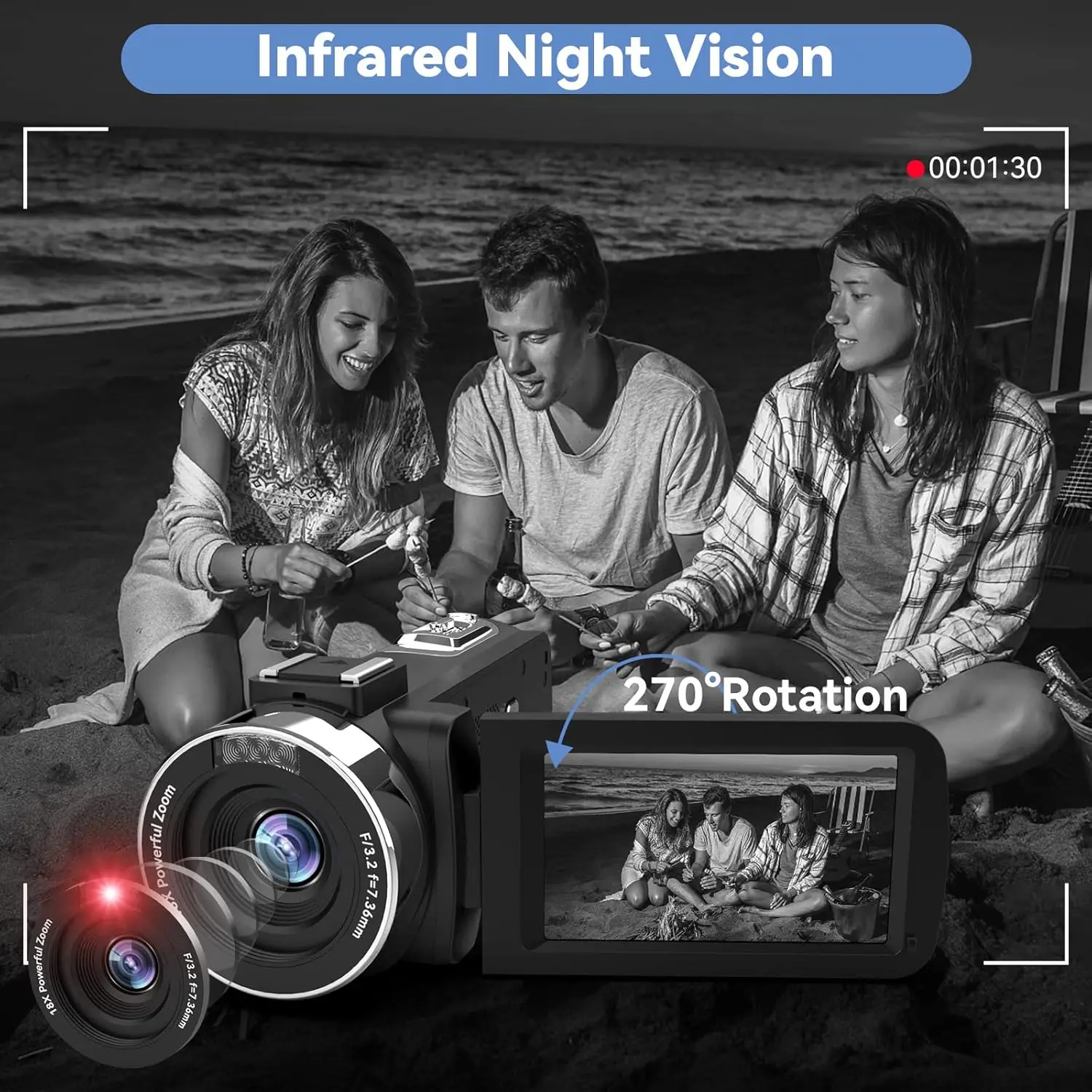 4k Video Camera Camcorder with 18X Digital Zoom,48MP Vlogging Camera for YouTube,3.0-inch IPS 270° Rotating Touchscreen,Micropho - Image 6