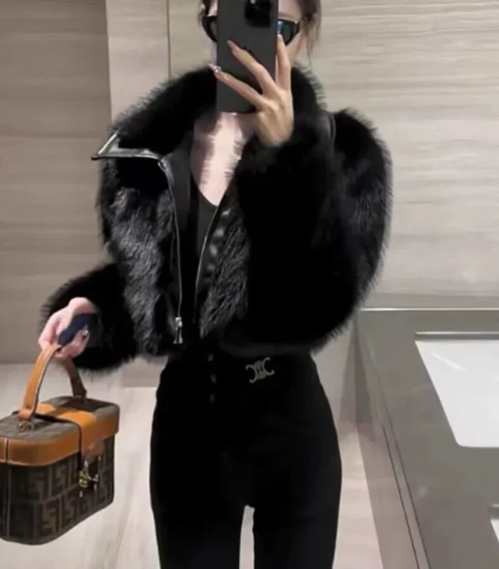 Autumn Winter Now Locomotive Wind Hottie Sweet Cool Fashion Coat Women Patchwork Imitation Fox Fur Leather and Fur Solid Tops