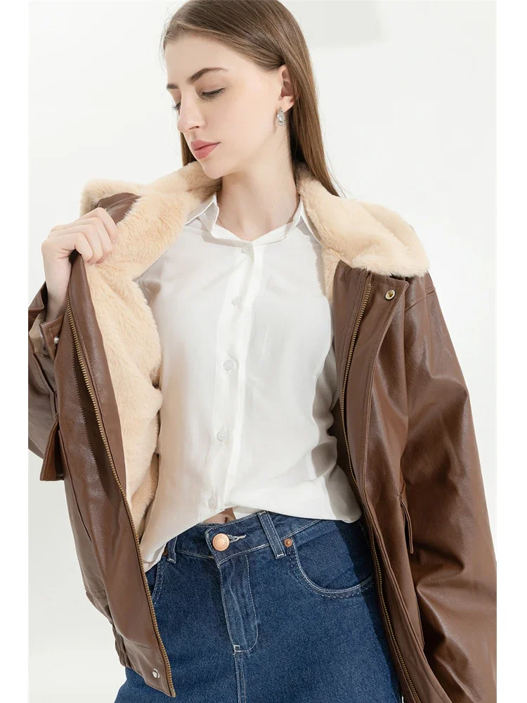 Winter Women's Fur Leather Jacket Long Sleeved Loose Warm Lamb Wool Vintage Thickened Locomotive Lapel Female PU Motorcycle Coat - Image 2