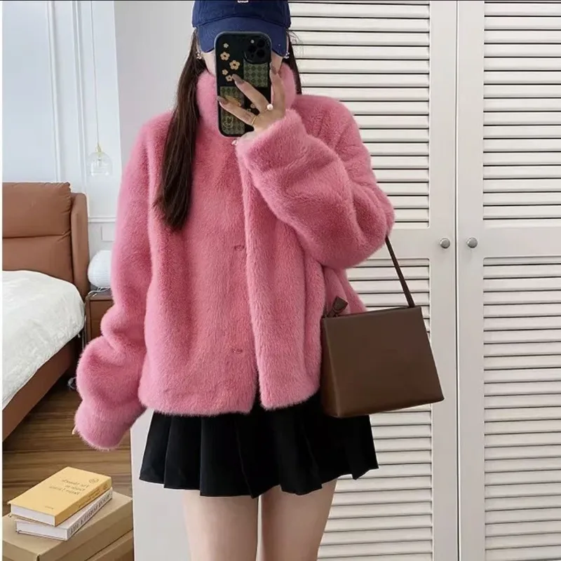 Women Fashion Stand Collar Mink Fur Top Female Long Sleeves Fox Jacket Autumn and Winter Lady Short Leather Fur Outwear - Image 5