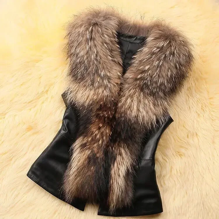 Women Leather Jacket Fur Collar Stitching Simulation Leather Oversized Raccoon Autumn Winter Solid Color Sleeveless Vest Coat - Image 2