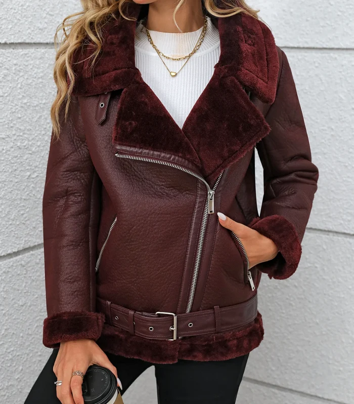 Fitaylor Winter Women Faux Fur Leather Jacket Casual Lady Thick Warm Leather Coat High Street Motorcycle Outwear