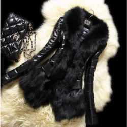 Winter New Slim Imitation Fox Fur Collar Fur Pu Leather Long Sleeve Medium And Long Fashion Street Splicing Thin Coat