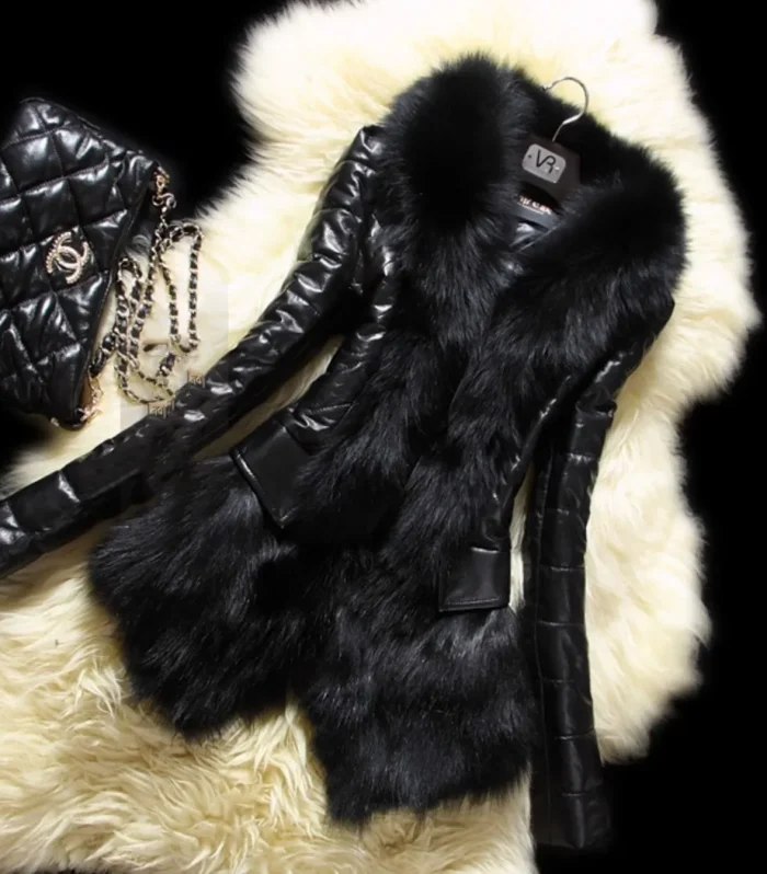 Winter New Slim Imitation Fox Fur Collar Fur Pu Leather Long Sleeve Medium And Long Fashion Street Splicing Thin Coat