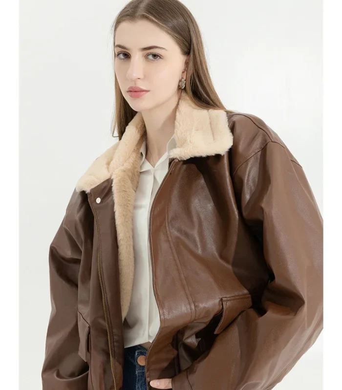 Winter Women's Fur Leather Jacket Long Sleeved Loose Warm Lamb Wool Vintage Thickened Locomotive Lapel Female PU Motorcycle Coat