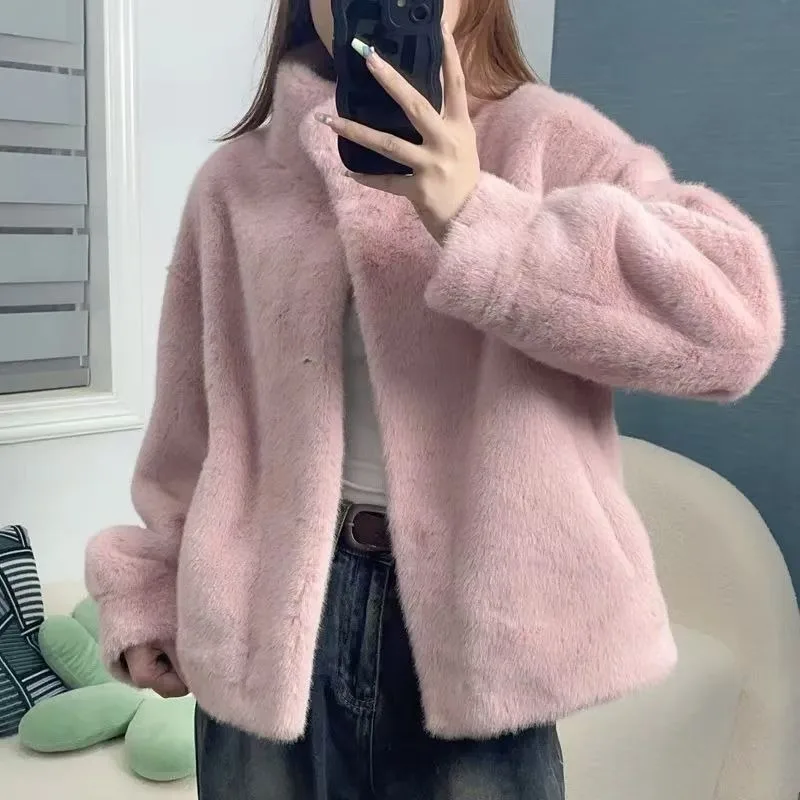 Women Fashion Stand Collar Mink Fur Top Female Long Sleeves Fox Jacket Autumn and Winter Lady Short Leather Fur Outwear - Image 4