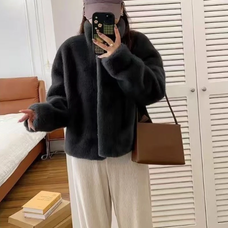 Women Fashion Stand Collar Mink Fur Top Female Long Sleeves Fox Jacket Autumn and Winter Lady Short Leather Fur Outwear - Image 2