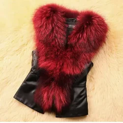 Women Leather Jacket Fur Collar Stitching Simulation Leather Oversized Raccoon Autumn Winter Solid Color Sleeveless Vest Coat