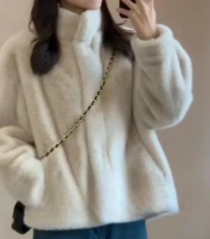 Women Fashion Stand Collar Mink Fur Top Female Long Sleeves Fox Jacket Autumn and Winter Lady Short Leather Fur Outwear